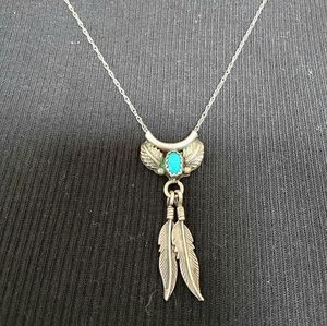 Vintage Native American Sterling Silver Feather Necklace with Turquoise Stone